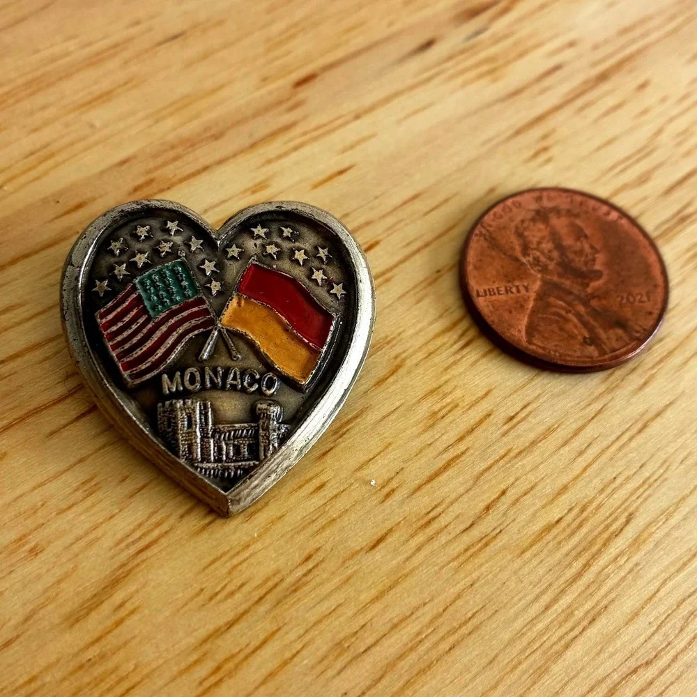 Vintage A. Augis Lyon Monaco USA Flag Heart Pin Enamel Lapel Badge Collectible